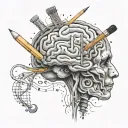 A brain with pencil drawings emerging from it, showcasing the creative process of a musician, cook, and dancer tattoo design idea