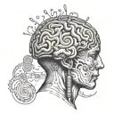 A brain with pencil drawings emerging from it, showcasing the creative process of a musician, cook, and dancer tattoo design idea