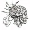 A brain with pencil drawings emerging from it, showcasing the creative process of a musician, cook, and dancer tattoo design idea