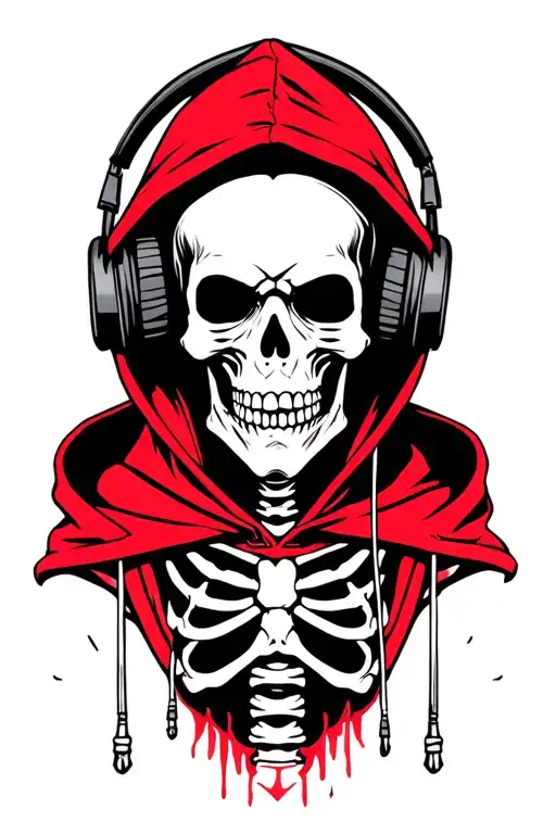 punk rock skeleton wearing a red hoodie while wearing headphones tattoo design idea