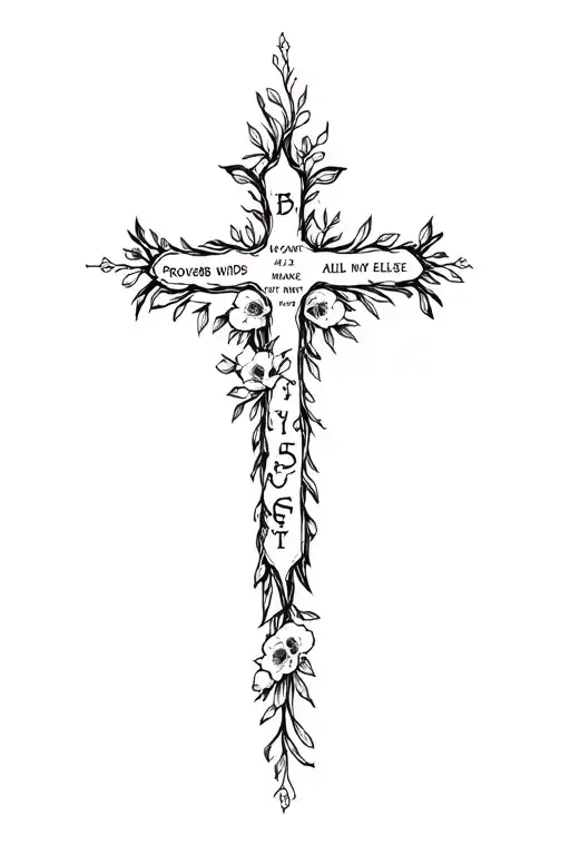 a smaller cross, with proverbs 4:23 above all else down my spine, add some skulls and floral, make it lengthy not wide tattoo design idea