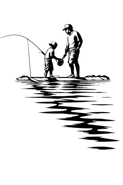 dad and sons fishing on dock tattoo design idea