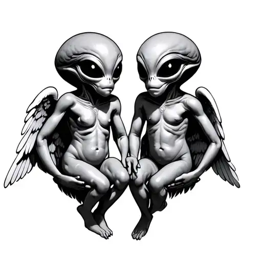 Draw: two aliens in baby angel bodies Good and bad agianst each other tattoo design idea