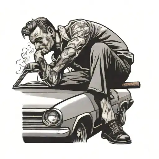 A man fell on the roof of a car and lies there smoking a cigarette tattoo design idea