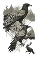 crow, deer, forest, sword, full arm sleeve tattoo design idea