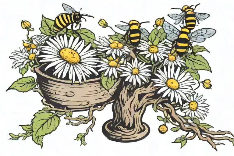 daisy and bees nest in a bonsai tattoo design idea
