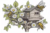 daisy and bees nest in a bonsai tattoo design idea
