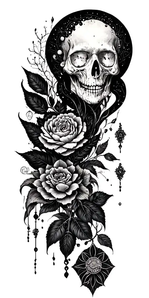 High contrast shading dark fantasy aesthetic surrealist brutalist gothic blackwork otherworldly ornamental tattoo design idea