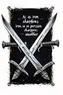 2 swords hitting eachother in the shape of an xwith the words of “as iron sharpens iron, so one person sharpens another” tattoo design idea
