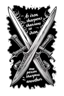 2 swords hitting eachother in the shape of an xwith the words of “as iron sharpens iron, so one person sharpens another” tattoo design idea