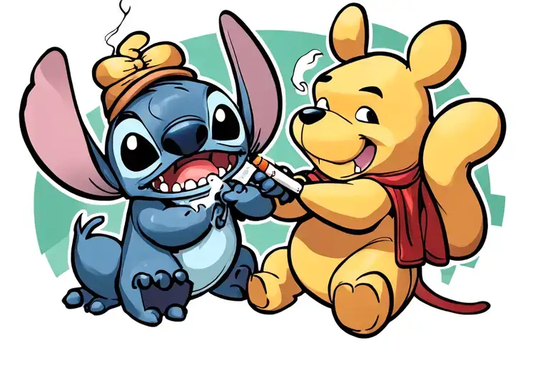 stitch and winnie the poo smoking a joint tattoo design idea