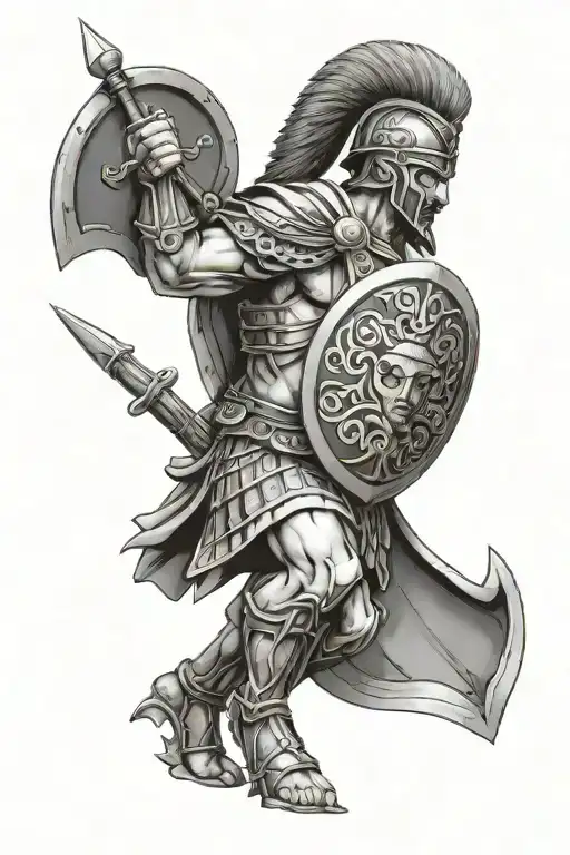 Greek warrior and shield tattoo design idea