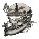 two guys in a canoe with a moose swimming in the water tattoo design idea