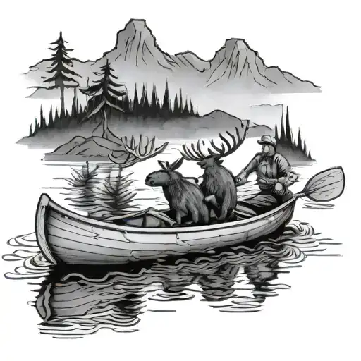 two guys in a canoe with a moose swimming in the water tattoo design idea