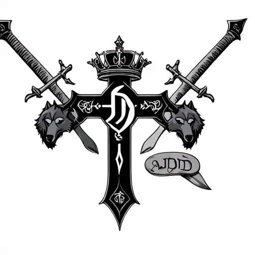 cross with crown and philography and swords and banners saying AJD with wolves tattoo design idea
