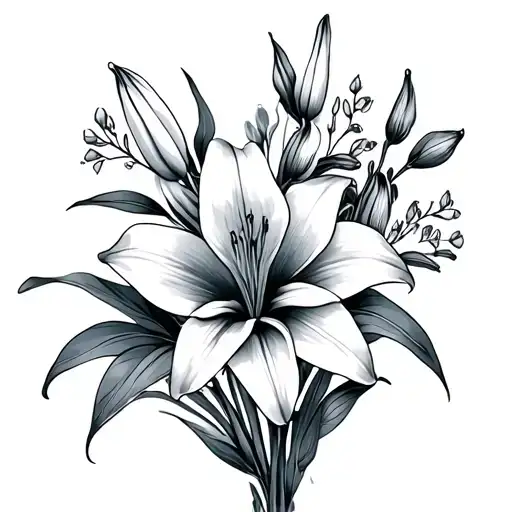 black and grey daylily and honeysuckle bouquet tattoo design idea