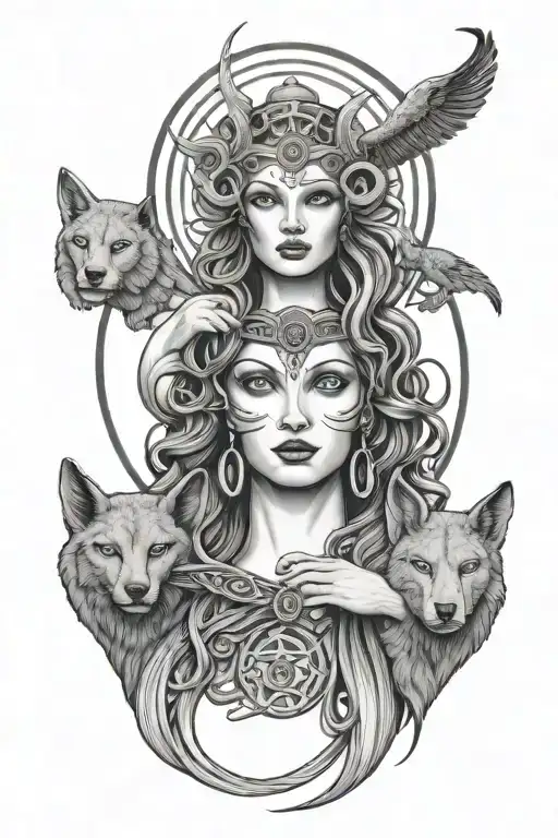 hecate triple goddess holding tattoo design idea