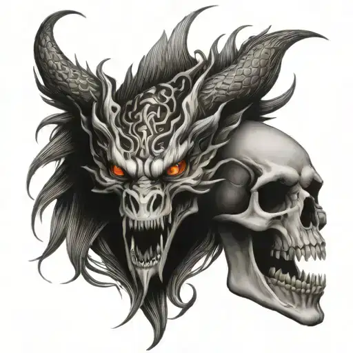 Chinese dragon and phoenix skull tattoo design idea