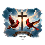 2 cardinals flying around a cross with light rays coming through clouds with 2 birthday-death dates at the bottom tattoo design idea