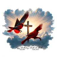 2 cardinals flying around a cross with light rays coming through clouds with 2 birthday-death dates at the bottom tattoo design idea