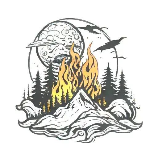 mountain forest fire north star nighttime tattoo design idea