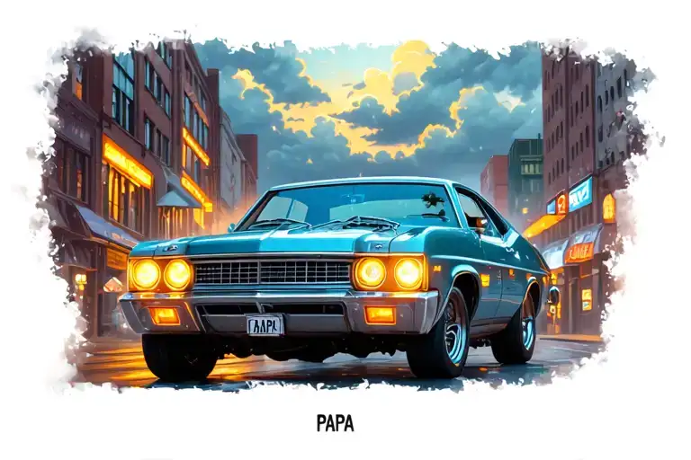 downtown street scene a 1973 Nova cruising under a stormy sky, headlights glowing, with “PAPA” visible on the plate  tattoo design idea