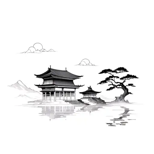 Combine traditional Japanese architecture with modern machinery elements tattoo design idea