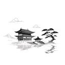 Combine traditional Japanese architecture with modern machinery elements tattoo design idea