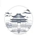 Combine traditional Japanese architecture with modern machinery elements tattoo design idea