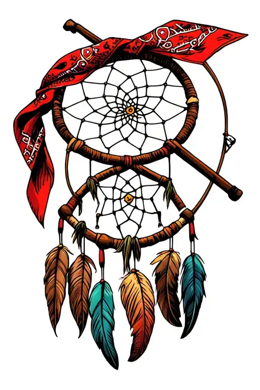 red bandana around a dream catcher with fishing poles crossed behind it tattoo design idea