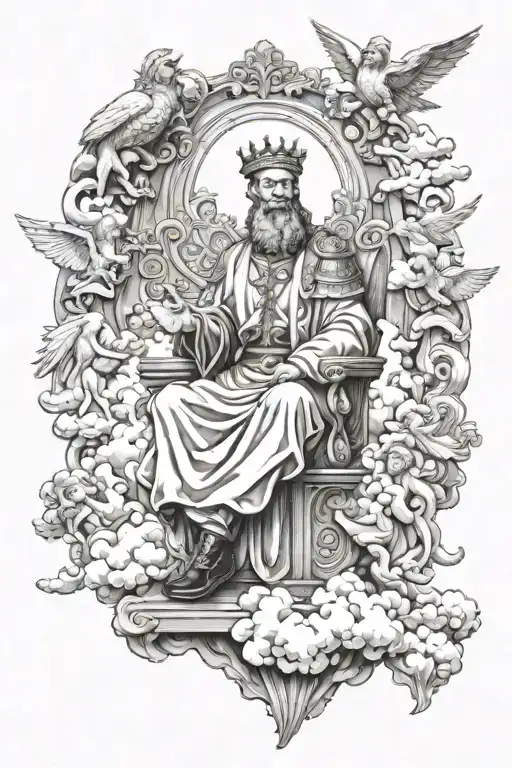 king of kings sitting on throne of cloud and fire surrounded by worshiping angels tattoo design idea