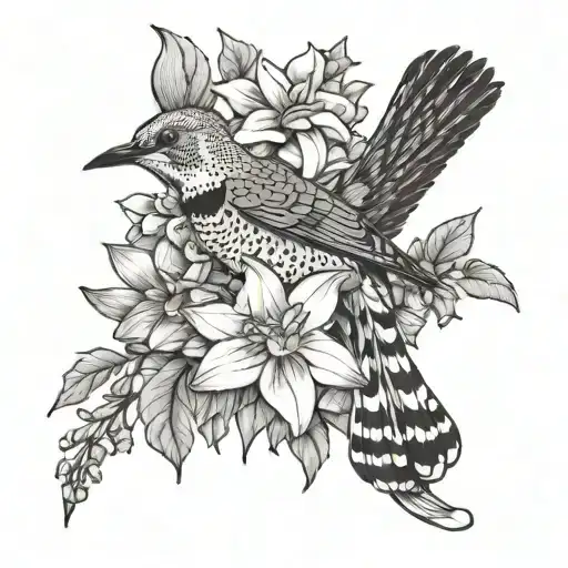  a memorial tattoo of a northern flicker and December birth flowers Narcissus and holly tattoo design idea