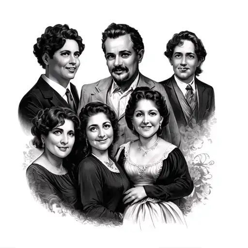 Create a tattoo sleeve dedicated to my family – my mom, dad, two brothers, grandma Dragica, and grandpa Mirko – with det tattoo design idea