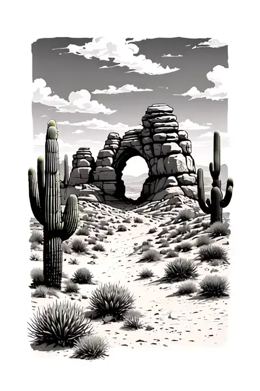 desert landscape with rock arches and cacti  tattoo design idea