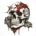 Cracked Blood covered Skull missing jawbone. Bleeding, Veiny, Greying, Disintegrated, Scary, Horror tattoo design idea