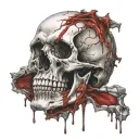 Cracked Blood covered Skull missing jawbone. Bleeding, Veiny, Greying, Disintegrated, Scary, Horror tattoo design idea