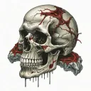 Cracked Blood covered Skull missing jawbone. Bleeding, Veiny, Greying, Disintegrated, Scary, Horror tattoo design idea