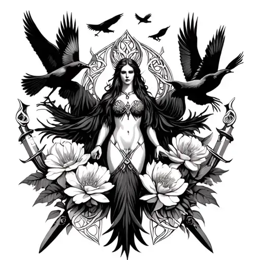 an image of the Celtic Goddess, the Morrigan. Surrounded by her associated flowers, weapons and multiple flying crows.  tattoo design idea
