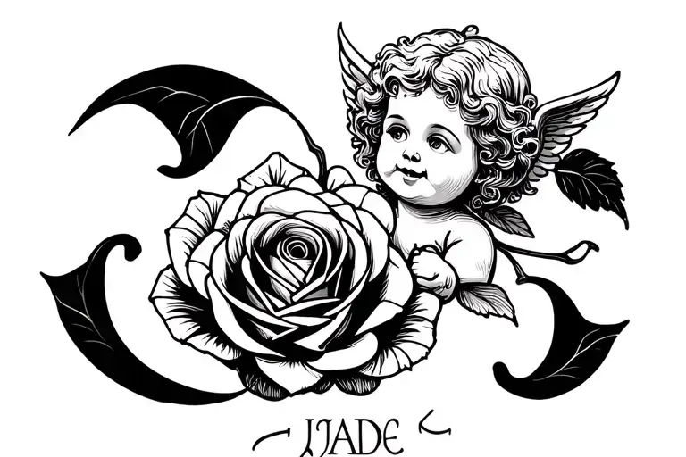 Rose petals with a happy cherub on them and Jade's name written on them tattoo design idea