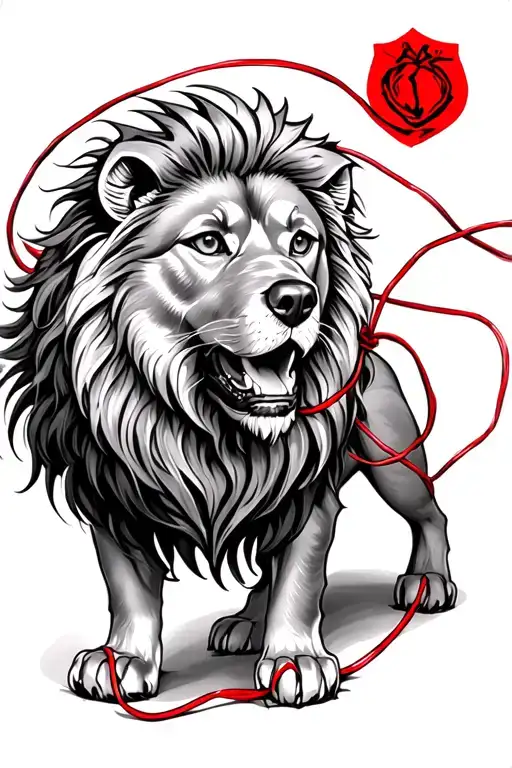lion dog with red string of fate tattoo design idea