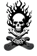 skull that is flaming, with snowboards that have bindings as the crossbones, incorporating the name "curry" onto them  tattoo design idea