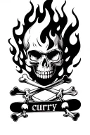 skull that is flaming, with snowboards that have bindings as the crossbones, incorporating the name "curry" onto them  tattoo design idea