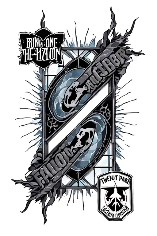 Stained glass window with band logos from bring me the Horizon, Twenty one pilots, Blue october, Linkin park, Falloutboy tattoo design idea