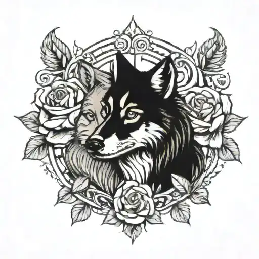 wolf roses intertwined tattoo design idea