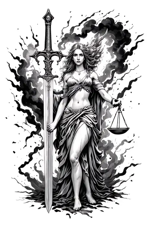 sydney sweeney as the god themis holding her sword and unbalanced scale surrounded by black dust, lightning  tattoo design idea