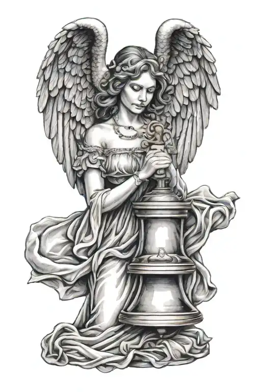 adult woman angel cradling liberty bell in hands like a baby tattoo design idea