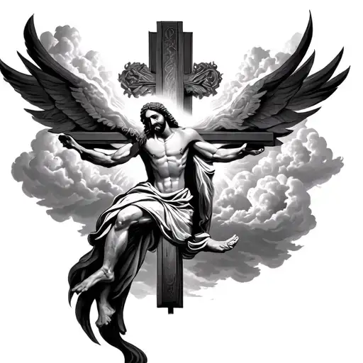 Heavens clouds jesus cross tattoo design idea