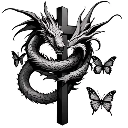 dragon wrapped around a cross surrounded with butterflies  tattoo design idea