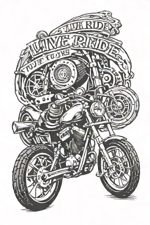 forearm with the words "Live to ride, ride to live" in a cool font, surrounded by motorcycle wheels, pistons, and chain tattoo design idea