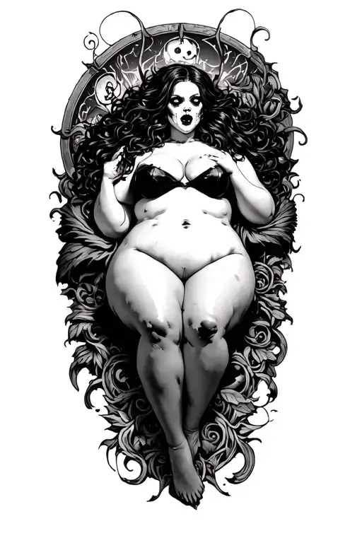 chubby nude white  girl laying down vampire tattoo design idea